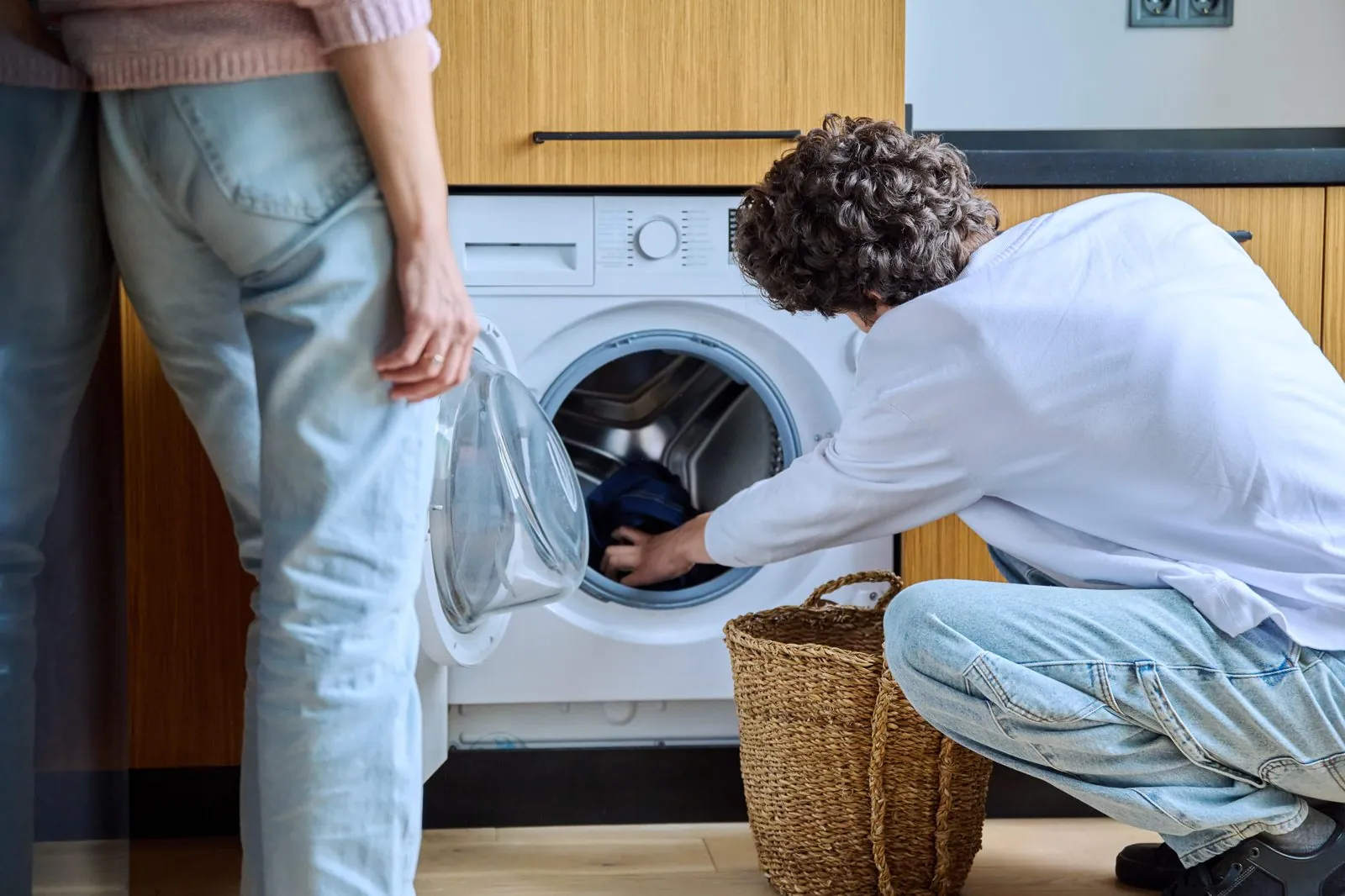 Laundry day at home with a fully working washing machine